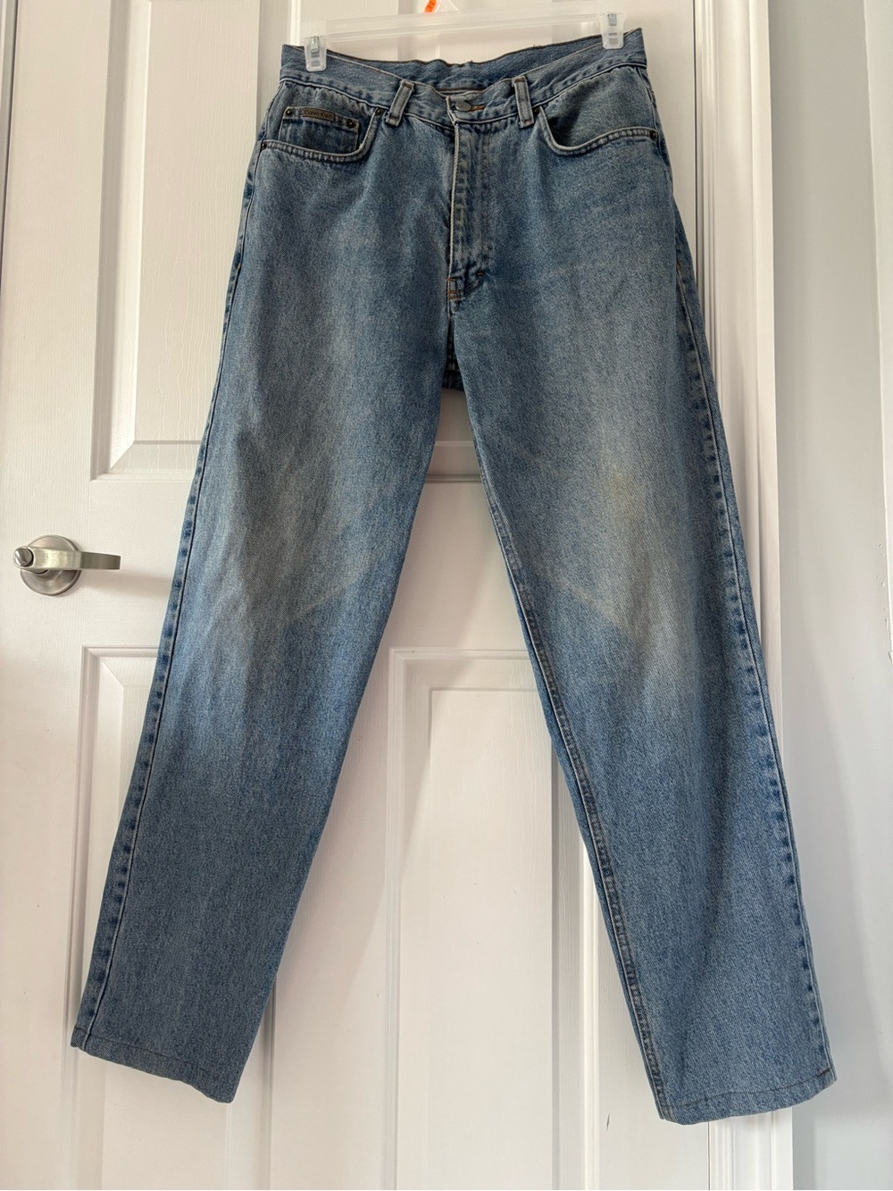 Vintage 90s Calvin Klein Straight Jeans Made in USA Distressed 33 Leather Patch